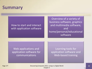 Summary

                                                          Overview of a variety of
                                                        business software, graphics
           How to start and interact                     and multimedia software,
           with application software                                and
                                                        home/personal/educational
                                                                 software



            Web applications and                              Learning tools for
           application software for                        application software and
              communications                                 Web-based training


Page 177                  Discovering Computers 2011: Living in a Digital World       38
                                              Chapter 3
 