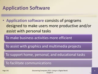 Application Software

• Application software consists of programs
  designed to make users more productive and/or
  assist with personal tasks
    To make business activities more efficient

    To assist with graphics and multimedia projects

    To support home, personal, and educational tasks

    To facilitate communications
Page 142            Discovering Computers 2011: Living in a Digital World   4
                                        Chapter 3
 