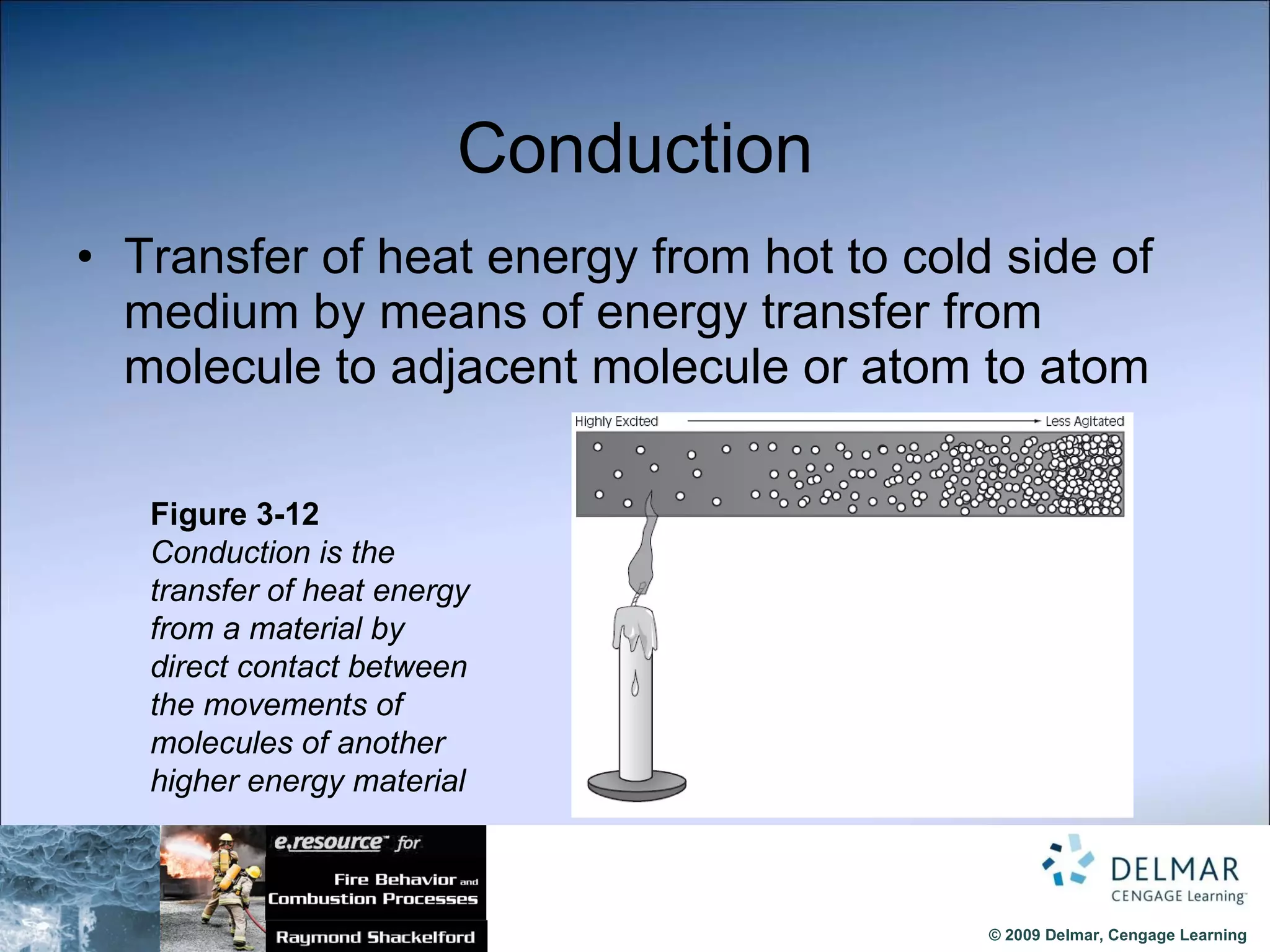 Conduction Transfer of heat energy from hot to cold side of medium by means of energy transfer from molecule to adjacent molecule or atom to atom Figure 3-12  Conduction is the transfer of heat energy from a material by direct contact between the movements of molecules of another higher energy material 