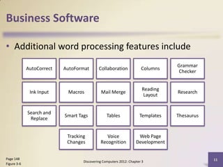 Business Software

• Additional word processing features include
                                                                                 Grammar
             AutoCorrect   AutoFormat       Collaboration             Columns
                                                                                 Checker


                                                                       Reading
              Ink Input     Macros           Mail Merge                          Research
                                                                        Layout


             Search and
                           Smart Tags            Tables              Templates   Thesaurus
              Replace


                            Tracking            Voice               Web Page
                            Changes          Recognition           Development


Page 148                                                                                     11
                                   Discovering Computers 2012: Chapter 3
Figure 3-6
 