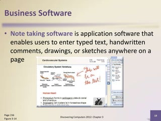 Business Software

• Note taking software is application software that
  enables users to enter typed text, handwritten
  comments, drawings, or sketches anywhere on a
  page




Page 156                                                   19
                   Discovering Computers 2012: Chapter 3
Figure 3-14
 