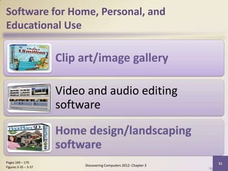 Software for Home, Personal, and
Educational Use

                      Clip art/image gallery

                      Video and audio editing
                      software

                      Home design/landscaping
                      software
Pages 169 – 170                                                    31
Figures 3-35 – 3-37        Discovering Computers 2012: Chapter 3
 