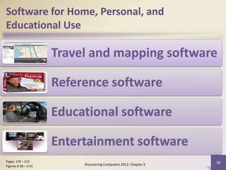 Software for Home, Personal, and
Educational Use

                      Travel and mapping software

                      Reference software

                      Educational software

                      Entertainment software
Pages 170 – 172                                                    32
Figures 3-38 – 3-41        Discovering Computers 2012: Chapter 3
 