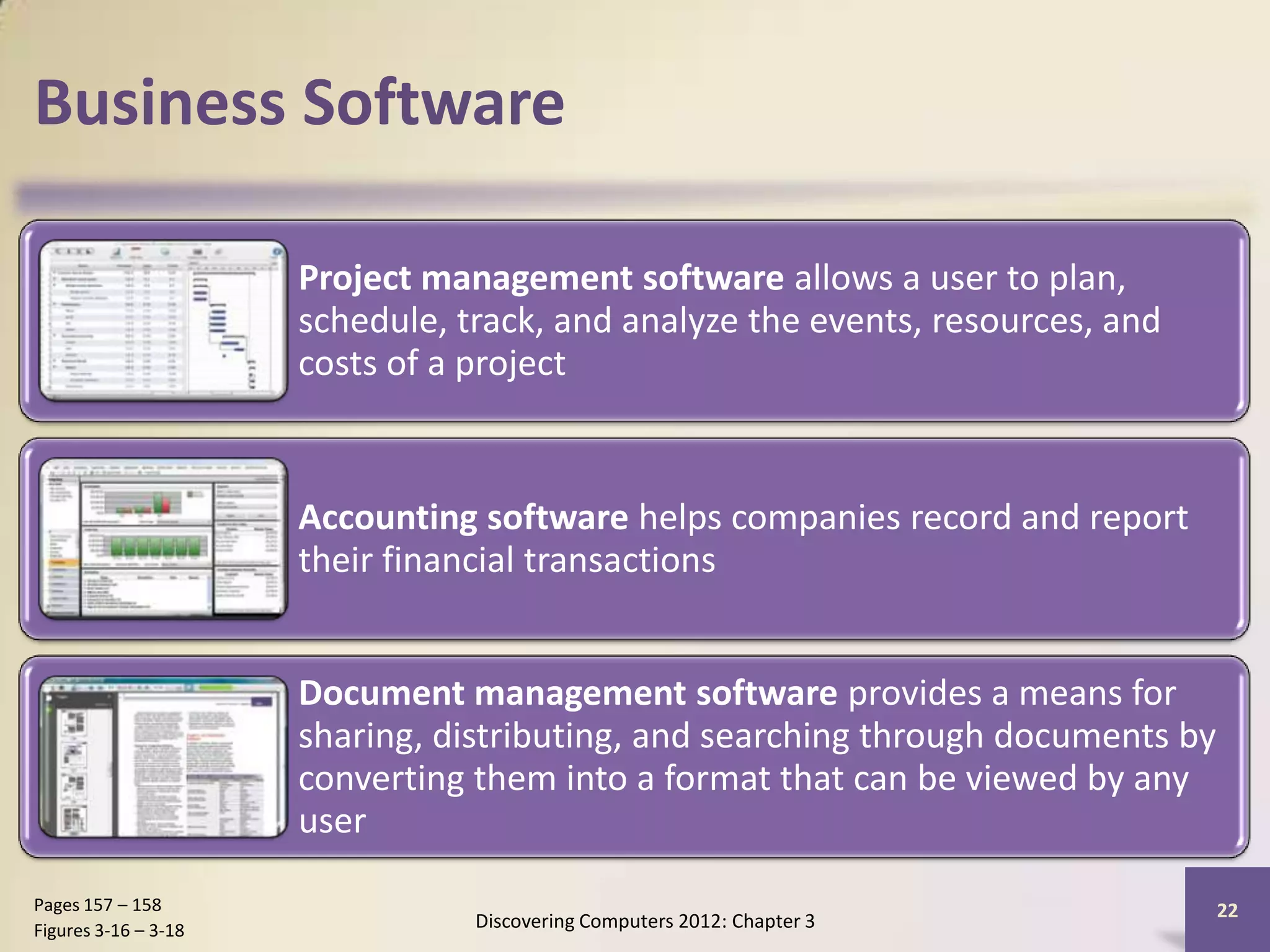 Business Software

                      Project management software allows a user to plan,
                      schedule, track, and analyze the events, resources, and
                      costs of a project


                      Accounting software helps companies record and report
                      their financial transactions


                      Document management software provides a means for
                      sharing, distributing, and searching through documents by
                      converting them into a format that can be viewed by any
                      user

Pages 157 – 158                                                                   22
Figures 3-16 – 3-18              Discovering Computers 2012: Chapter 3
 