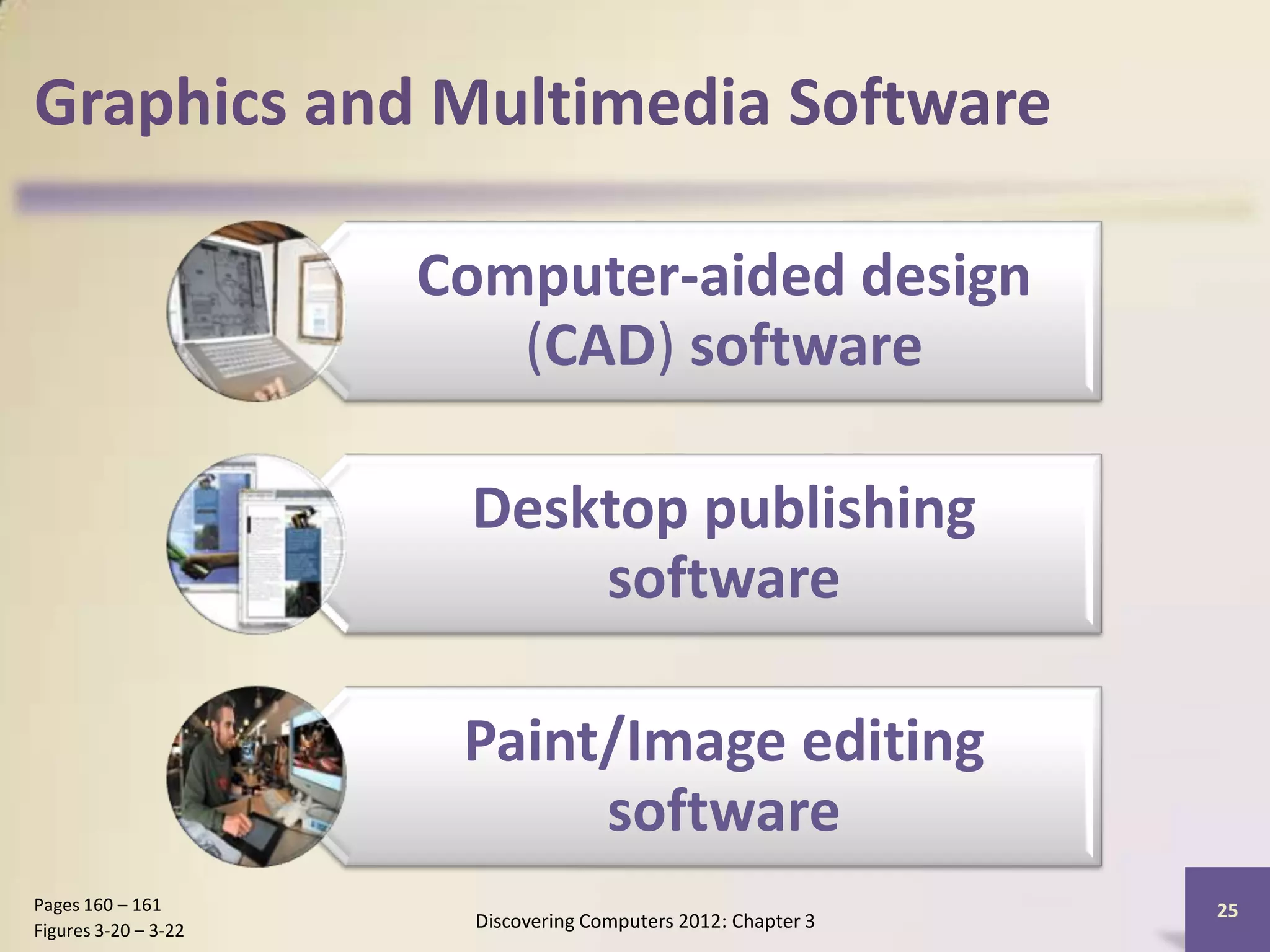 Graphics and Multimedia Software

                      Computer-aided design
                         (CAD) software

                       Desktop publishing
                           software

                       Paint/Image editing
                            software
Pages 160 – 161                                                 25
Figures 3-20 – 3-22     Discovering Computers 2012: Chapter 3
 