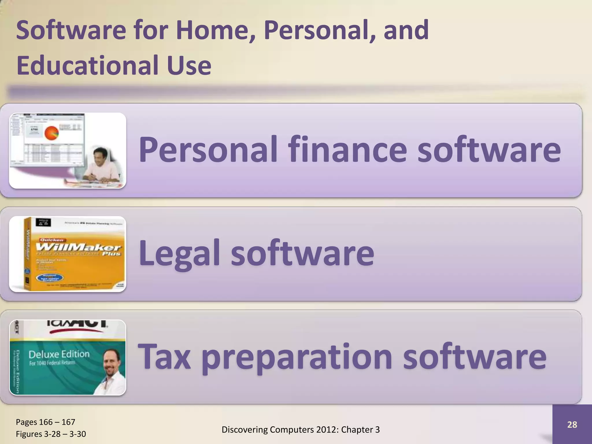 Software for Home, Personal, and
Educational Use

                      Personal finance software

                      Legal software

                      Tax preparation software
Pages 166 – 167                                                   28
Figures 3-28 – 3-30       Discovering Computers 2012: Chapter 3
 