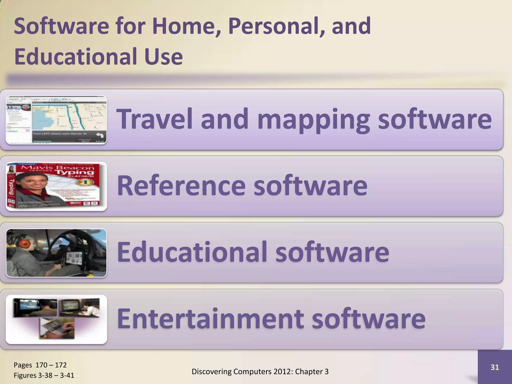 Software for Home, Personal, and
Educational Use

                      Travel and mapping software

                      Reference software

                      Educational software

                      Entertainment software
Pages 170 – 172                                                    31
Figures 3-38 – 3-41        Discovering Computers 2012: Chapter 3
 