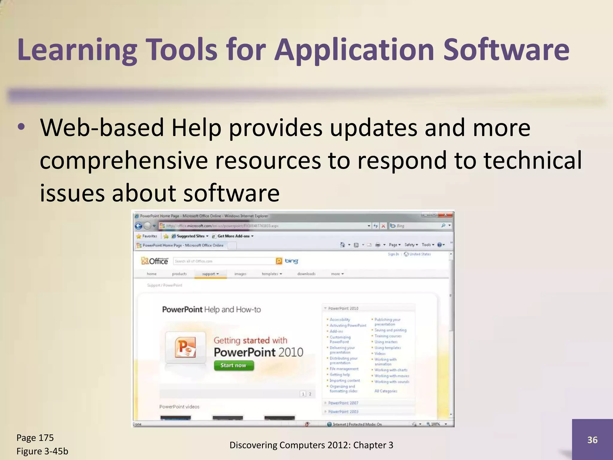 Learning Tools for Application Software

• Web-based Help provides updates and more
  comprehensive resources to respond to technical
  issues about software




Page 175                                                  36
                  Discovering Computers 2012: Chapter 3
Figure 3-45b
 