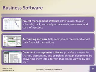 Business Software

                      Project management software allows a user to plan,
                      schedule, track, and analyze the events, resources, and
                      costs of a project


                      Accounting software helps companies record and report
                      their financial transactions


                      Document management software provides a means for
                      sharing, distributing, and searching through documents by
                      converting them into a format that can be viewed by any
                      user

Pages 157 – 158                                                                   22
Figures 3-16 – 3-18              Discovering Computers 2012: Chapter 3
 