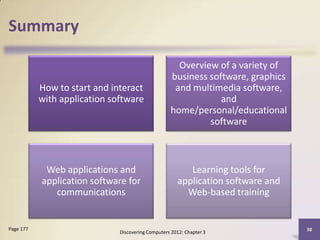 Summary

                                                     Overview of a variety of
                                                   business software, graphics
           How to start and interact                and multimedia software,
           with application software                           and
                                                   home/personal/educational
                                                            software



            Web applications and                         Learning tools for
           application software for                   application software and
              communications                            Web-based training


Page 177                                                                         38
                              Discovering Computers 2012: Chapter 3
 
