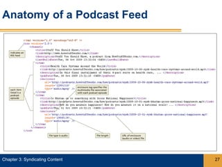 Anatomy of a Podcast Feed




Chapter 3: Syndicating Content   27
 