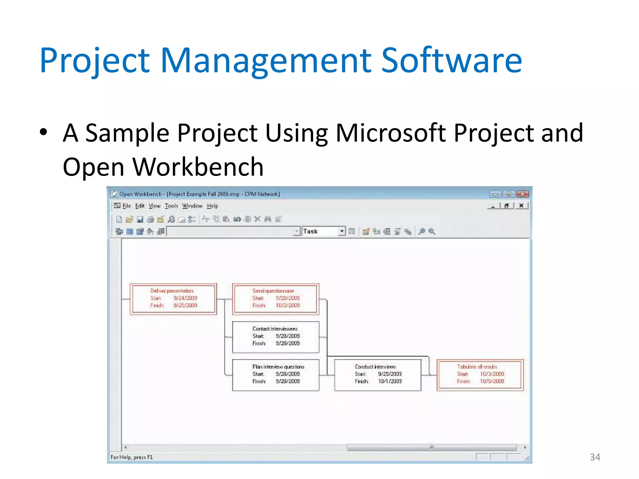Project Management Software
• A Sample Project Using Microsoft Project and
  Open Workbench




                                                 34
 