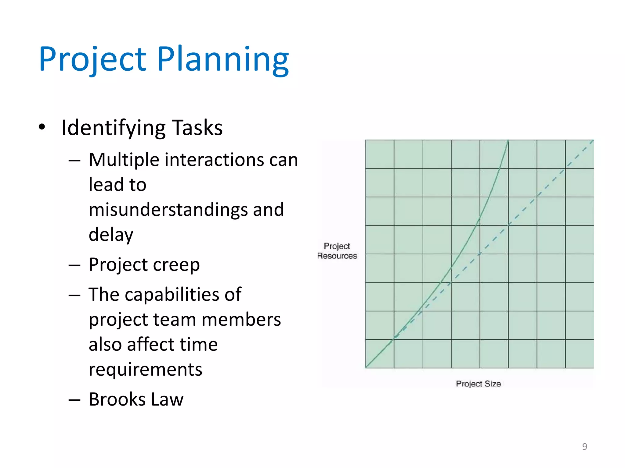 Project Planning
• Identifying Tasks
   – Multiple interactions can
     lead to
     misunderstandings and
     delay
   – Project creep
   – The capabilities of
     project team members
     also affect time
     requirements
   – Brooks Law

                                 9
 