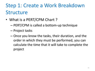 Step 1: Create a Work Breakdown
Structure
• What is a PERT/CPM Chart ?
– PERT/CPM is called a bottom-up technique
– Project tasks
– Once you know the tasks, their duration, and the
order in which they must be performed, you can
calculate the time that it will take to complete the
project
11
 