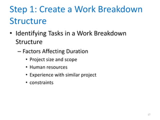 Step 1: Create a Work Breakdown
Structure
• Identifying Tasks in a Work Breakdown
Structure
– Factors Affecting Duration
• Project size and scope
• Human resources
• Experience with similar project
• constraints
17
 