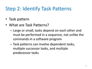 Step 2: Identify Task Patterns
• Task pattern
• What are Task Patterns?
– Large or small, tasks depend on each other and
must be performed in a sequence, not unlike the
commands in a software program
– Task patterns can involve dependent tasks,
multiple successor tasks, and multiple
predecessor tasks
19
 
