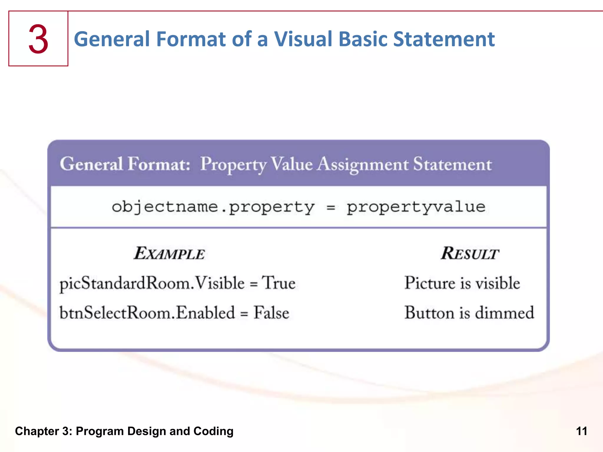 3      General Format of a Visual Basic Statement




Chapter 3: Program Design and Coding                  11
 