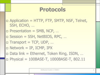 Protocols Application = HTTP, FTP, SMTP, NSF, Telnet, SSH, ECHO, …  Presentation = SMB, NCP, … Session = SSH, NetBIOS, RPC, … Transport = TCP, UDP, … Network = IP, ICMP, IPX Data link = Ethernet, Token Ring, ISDN, … Physical = 100BASE-T, 1000BASE-T, 802.11 