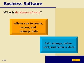Business Software What is  database software ? p. 145 Allows you to create,  access, and  manage data Add, change, delete,  sort, and retrieve data Next 