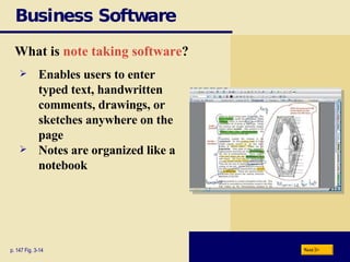 Business Software What is  note taking software ? p. 147 Fig. 3-14 Enables users to enter typed text, handwritten comments, drawings, or sketches anywhere on the page Notes are organized like a notebook Next 