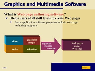 Graphics and Multimedia Software p. 154 animation graphical images audio video Web pages and/or Web sites Helps users of all skill levels to create Web pages Some application software programs include Web page authoring programs What is  Web page authoring software ? organize manage maintain Next 