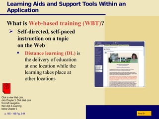 Learning Aids and Support Tools Within an Application What is  Web-based training (WBT) ? Self-directed, self-paced  instruction on a topic  on the Web Distance learning (DL)  is  the delivery of education  at one location while the  learning takes place at  other locations p. 165 - 166 Fig. 3-44 Next Click to view Web Link, click Chapter 3, Click Web Link from left navigation,  then click E-Learning  below Chapter 3 
