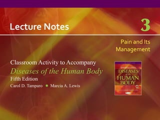 Lecture Notes                                 3
                                      Pain and Its
                                     Management

Classroom Activity to Accompany
Diseases of the Human Body
Fifth Edition
Carol D. Tamparo   Marcia A. Lewis
 