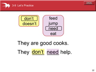 22
need
3-9 Let’s Practice
don’t
doesn’t
feed
jump
need
eat
They are good cooks.
don’tThey ____ ____ help.
 