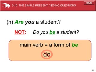 25
do
(h) Are you a student?
NOT: Do you be a student?
main verb = a form of be
3-10 THE SIMPLE PRESENT: YES/NO QUESTIONS
 