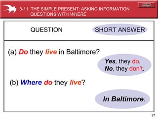 27
Yes, they do.
No, they don’t.
QUESTION SHORT ANSWER
(a) Do they live in Baltimore?
(b) Where do they live?
In Baltimore.
3-11 THE SIMPLE PRESENT: ASKING INFORMATION
QUESTIONS WITH WHERE
 