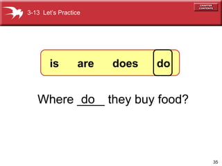 35
Where ____ they buy food?do
3-13 Let’s Practice
is are does do
 