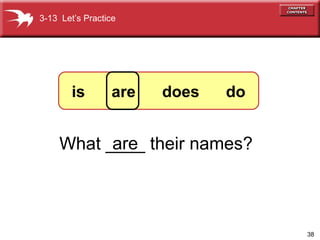 38
What ____ their names?are
3-13 Let’s Practice
is are does do
 