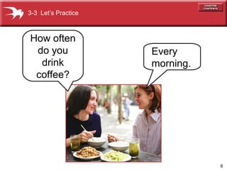 8
How often
do you
drink
coffee?
3-3 Let’s Practice
Every
morning.
 