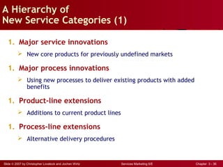 Slide © 2007 by Christopher Lovelock and Jochen Wirtz Services Marketing 6/E Chapter 3 - 36
A Hierarchy of
New Service Categories (1)
1. Major service innovations
 New core products for previously undefined markets
1. Major process innovations
 Using new processes to deliver existing products with added
benefits
1. Product-line extensions
 Additions to current product lines
1. Process-line extensions
 Alternative delivery procedures
 