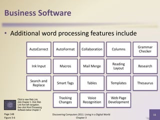 Business Software
• Additional word processing features include
AutoCorrect

AutoFormat

Collaboration

Columns

Grammar
Checker

Ink Input

Macros

Mail Merge

Reading
Layout

Research

Search and
Replace

Smart Tags

Tables

Templates

Thesaurus

Tracking
Changes

Voice
Recognition

Web Page
Development

Click to view Web Link,
click Chapter 3, Click Web
Link from left navigation,
then click Word Processing
Software below Chapter 3

Page 148
Figure 3-6

Discovering Computers 2011: Living in a Digital World
Chapter 3

11

 