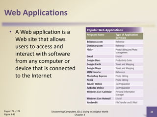 Web Applications
• A Web application is a
Web site that allows
users to access and
interact with software
from any computer or
device that is connected
to the Internet

Pages 172 – 173
Figure 3-42

Discovering Computers 2011: Living in a Digital World
Chapter 3

33

 