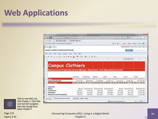 Web Applications

Click to view Web Link,
click Chapter 3, Click Web
Link from left navigation,
then click Google Docs
below Chapter 3

Page 173
Figure 3-43

Discovering Computers 2011: Living in a Digital World
Chapter 3

34

 