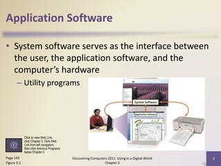 Application Software
• System software serves as the interface between
the user, the application software, and the
computer’s hardware
– Utility programs

Click to view Web Link,
click Chapter 3, Click Web
Link from left navigation,
then click Antivirus Programs
below Chapter 3

Page 143
Figure 3-2

Discovering Computers 2011: Living in a Digital World
Chapter 3

7

 