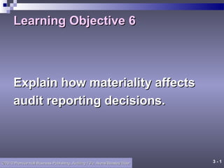 Learning Objective 6

Explain how materiality affects
audit reporting decisions.

©2010 Prentice Hall Business Publishing, Auditing 13/e, Arens/Beasley/Elder

3-1

 