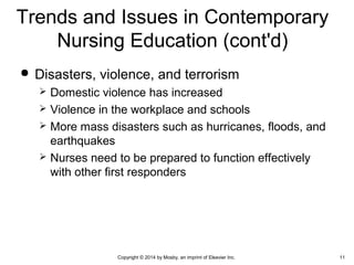  Disasters, violence, and terrorism
 Domestic violence has increased
 Violence in the workplace and schools
 More mass disasters such as hurricanes, floods, and
earthquakes
 Nurses need to be prepared to function effectively
with other first responders
11Copyright © 2014 by Mosby, an imprint of Elsevier Inc.
Trends and Issues in Contemporary
Nursing Education (cont'd)
 
