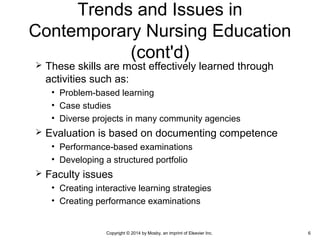  These skills are most effectively learned through
activities such as:
• Problem-based learning
• Case studies
• Diverse projects in many community agencies
 Evaluation is based on documenting competence
• Performance-based examinations
• Developing a structured portfolio
 Faculty issues
• Creating interactive learning strategies
• Creating performance examinations
Trends and Issues in
Contemporary Nursing Education
(cont'd)
Copyright © 2014 by Mosby, an imprint of Elsevier Inc. 6
 