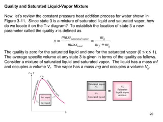 20
Quality and Saturated Liquid-Vapor Mixture
Now, let’s review the constant pressure heat addition process for water shown in
Figure 3-11. Since state 3 is a mixture of saturated liquid and saturated vapor, how
do we locate it on the T-v diagram? To establish the location of state 3 a new
parameter called the quality x is defined as
x
mass
mass
m
m m
saturated vapor
total
g
f g
= =
+
The quality is zero for the saturated liquid and one for the saturated vapor (0 ≤ x ≤ 1).
The average specific volume at any state 3 is given in terms of the quality as follows.
Consider a mixture of saturated liquid and saturated vapor. The liquid has a mass mf
and occupies a volume Vf. The vapor has a mass mg and occupies a volume Vg.
 