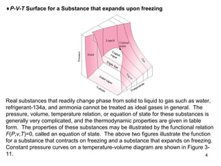 4
♦P-V-T Surface for a Substance that expands upon freezing
Real substances that readily change phase from solid to liquid to gas such as water,
refrigerant-134a, and ammonia cannot be treated as ideal gases in general. The
pressure, volume, temperature relation, or equation of state for these substances is
generally very complicated, and the thermodynamic properties are given in table
form. The properties of these substances may be illustrated by the functional relation
F(P,v,T)=0, called an equation of state. The above two figures illustrate the function
for a substance that contracts on freezing and a substance that expands on freezing.
Constant pressure curves on a temperature-volume diagram are shown in Figure 3-
11.
 