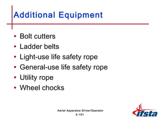 • Bolt cutters
• Ladder belts
• Light-use life safety rope
• General-use life safety rope
• Utility rope
• Wheel chocks
Additional Equipment
3–101
Aerial Apparatus Driver/Operator
 