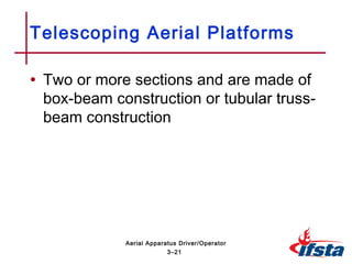 • Two or more sections and are made of
box-beam construction or tubular truss-
beam construction
Telescoping Aerial Platforms
3–21
Aerial Apparatus Driver/Operator
 