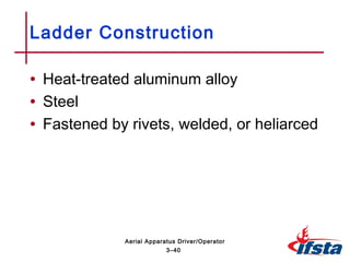 • Heat-treated aluminum alloy
• Steel
• Fastened by rivets, welded, or heliarced
Ladder Construction
3–40
Aerial Apparatus Driver/Operator
 