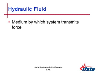 • Medium by which system transmits
force
Hydraulic Fluid
3–46
Aerial Apparatus Driver/Operator
 
