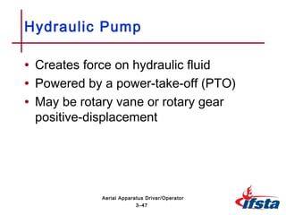 • Creates force on hydraulic fluid
• Powered by a power-take-off (PTO)
• May be rotary vane or rotary gear
positive-displacement
Hydraulic Pump
3–47
Aerial Apparatus Driver/Operator
 