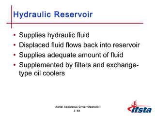 • Supplies hydraulic fluid
• Displaced fluid flows back into reservoir
• Supplies adequate amount of fluid
• Supplemented by filters and exchange-
type oil coolers
Hydraulic Reservoir
3–48
Aerial Apparatus Driver/Operator
 