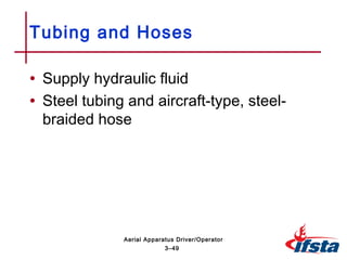 • Supply hydraulic fluid
• Steel tubing and aircraft-type, steel-
braided hose
Tubing and Hoses
3–49
Aerial Apparatus Driver/Operator
 